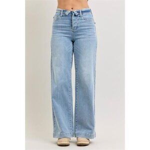 Judy Blue Mid Rise Retro Wide Leg Jeans with Fold-over Waistband